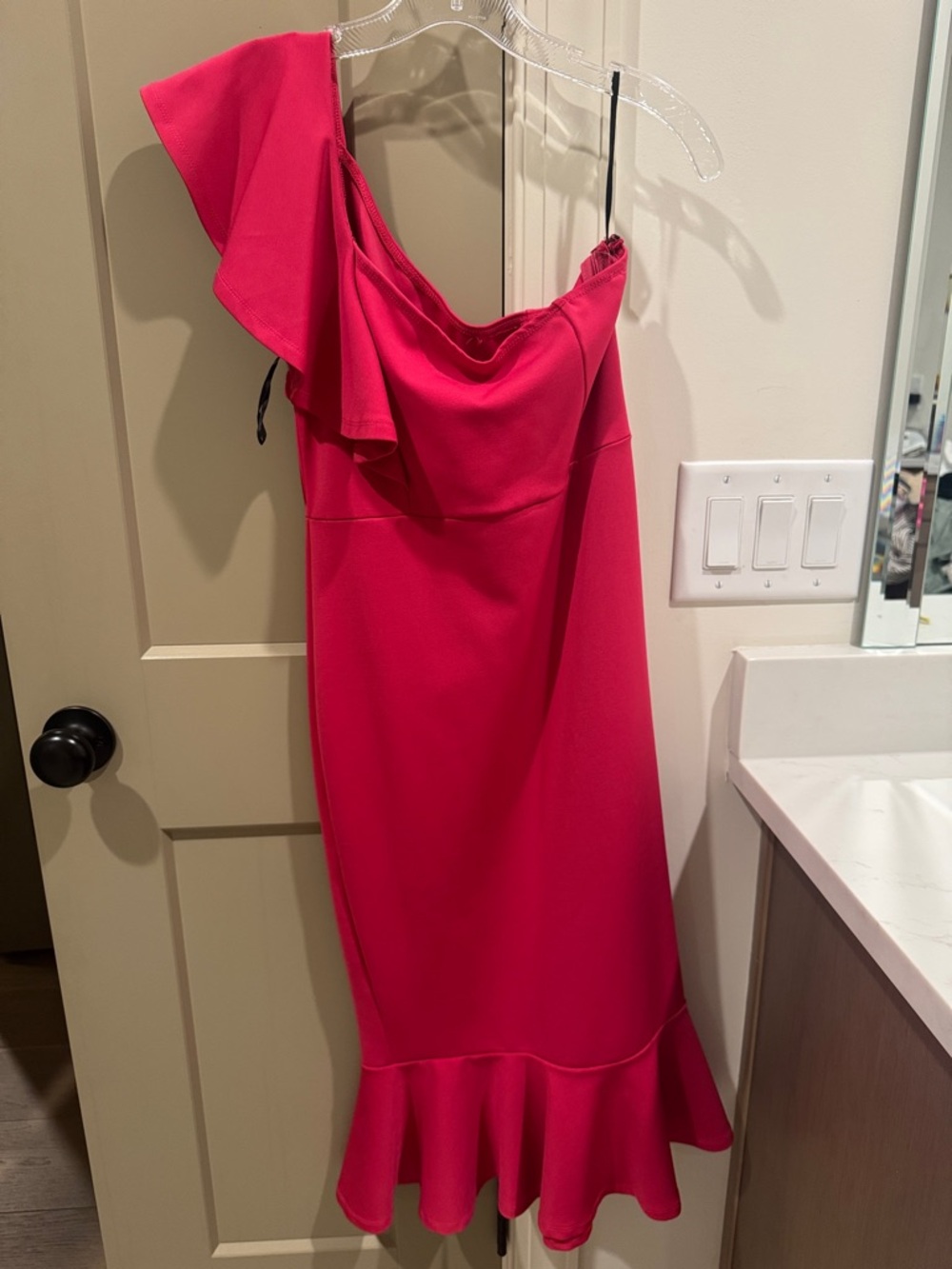 Women’s One-Shoulder Ruffled Midi Dress - Hot Pink